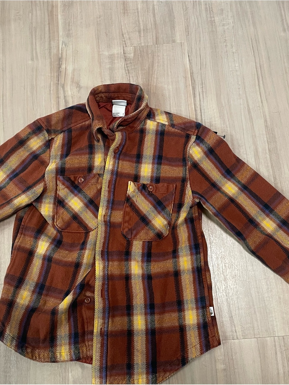The North Face Brown Plaid Button-Down Shirt with Yellow and Blue Stripes